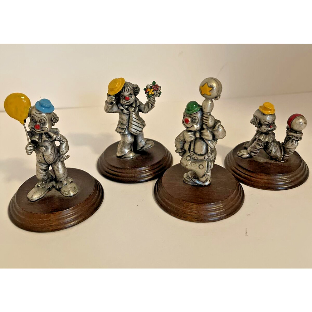 Vintage (ca. 1970) George Good Pewter Clowns Set of 4 Hand Painted Figurines